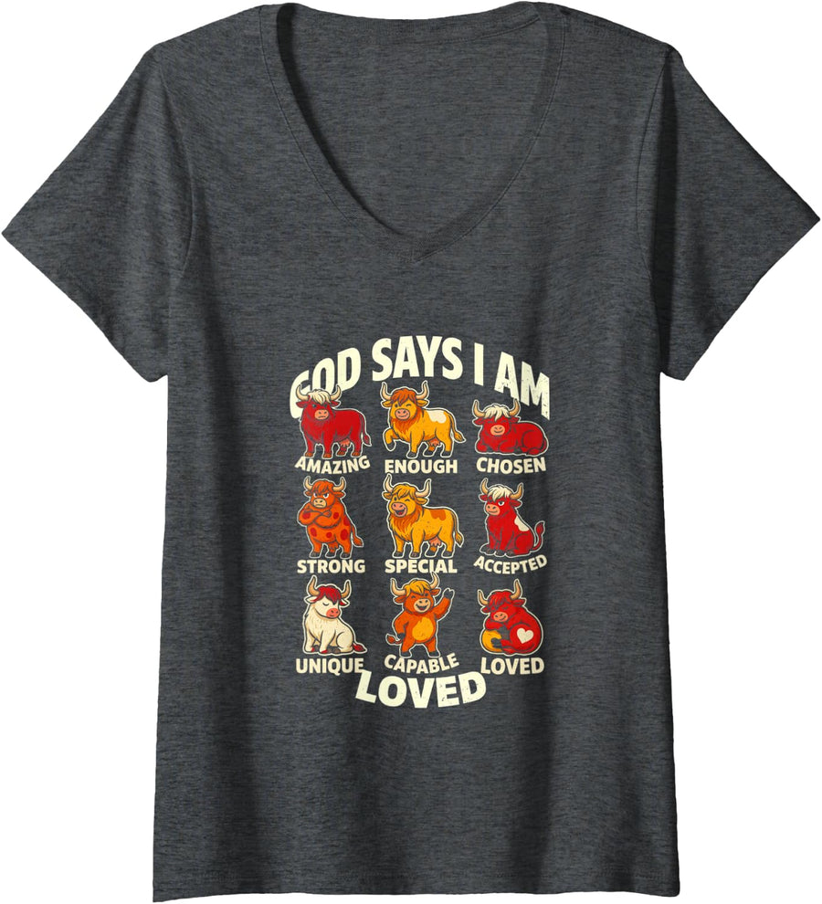 Women's Highland Cow Christian Faith Scripture Believer Women V-Neck T-Shirt - Dark Heather Grey