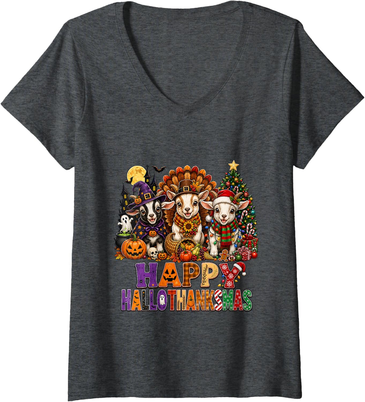 Women's Happy Halloween Thanksgiving Christmas Goat Animal Lovers V-Neck T-Shirt - Dark Heather Grey