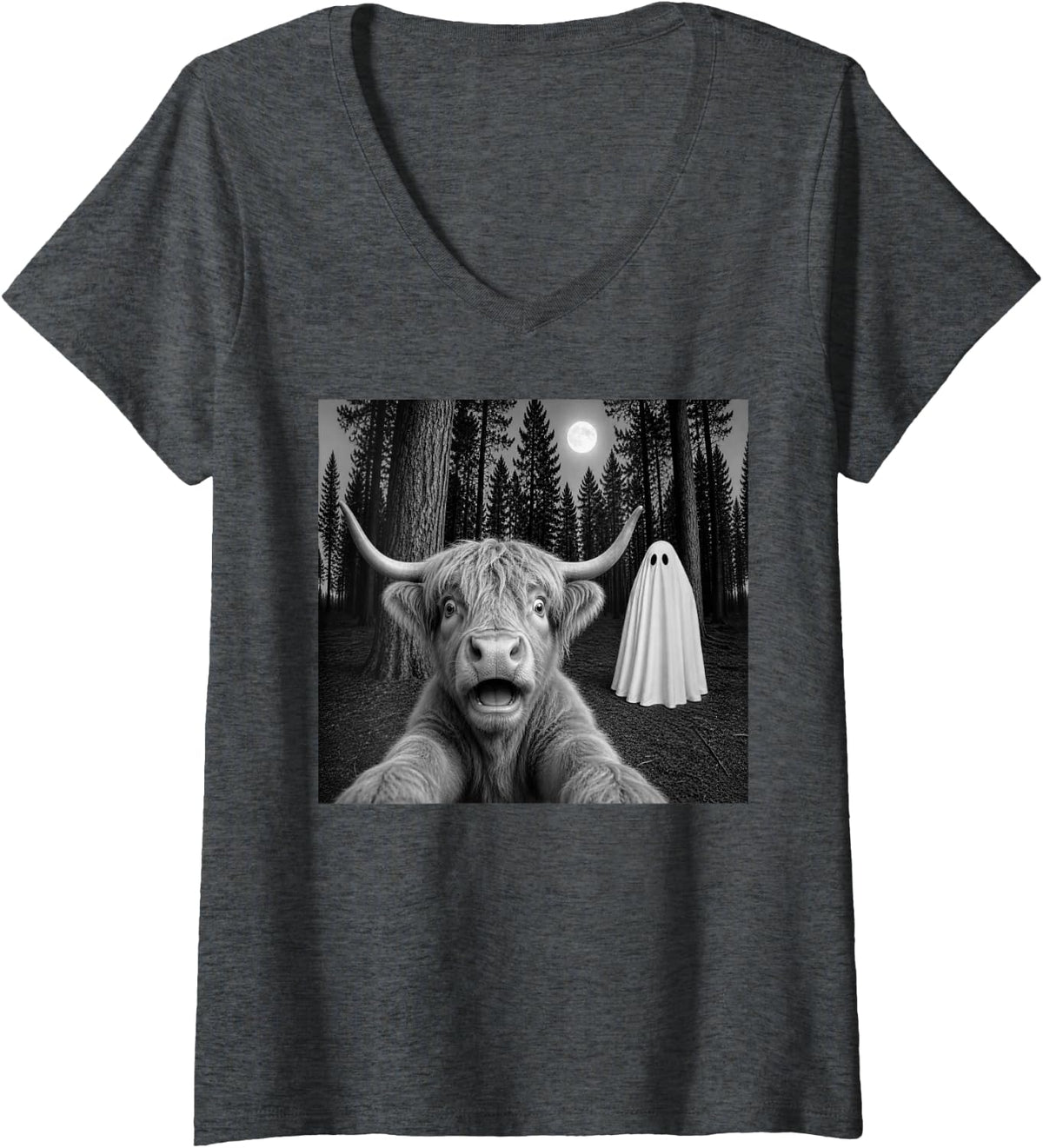 Women's Spooky Scottish Highland Cow Selfie with Ghost Halloween V-Neck T-Shirt - Dark Heather Grey