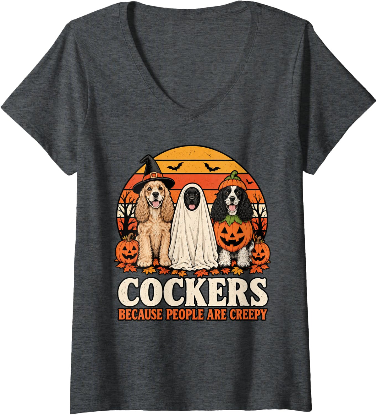 Women's Cockers Because People are Creepy Halloween Cocker Spaniel V-Neck T-Shirt - Dark Heather Grey