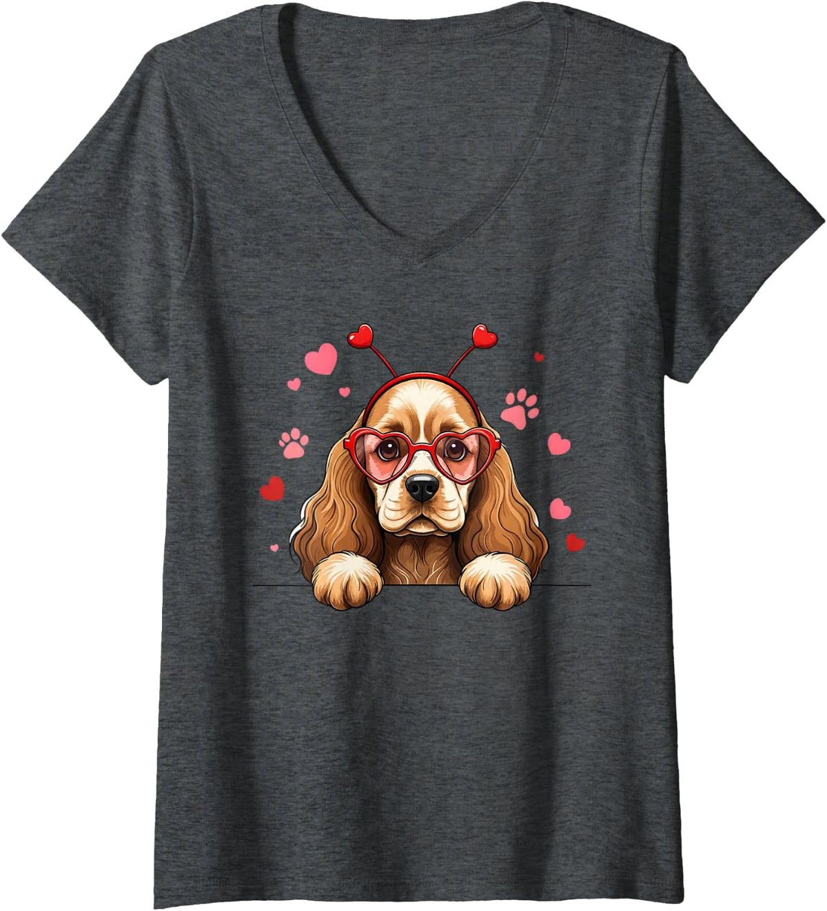 Women's Funny Cocker Spaniel Heart Headband Valentine Womens Mens V-Neck T-Shirt - Dark Heather Grey