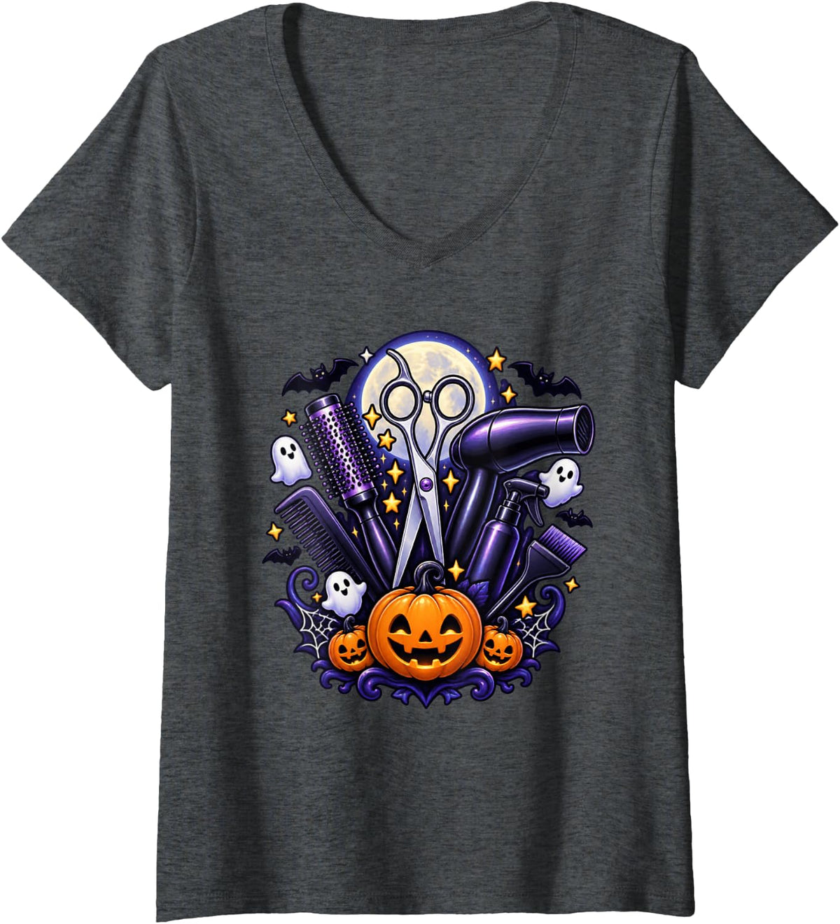 Women's Hair Stylist Halloween Spooky Salon Cosmetologist Barber V-Neck T-Shirt - Dark Heather Grey
