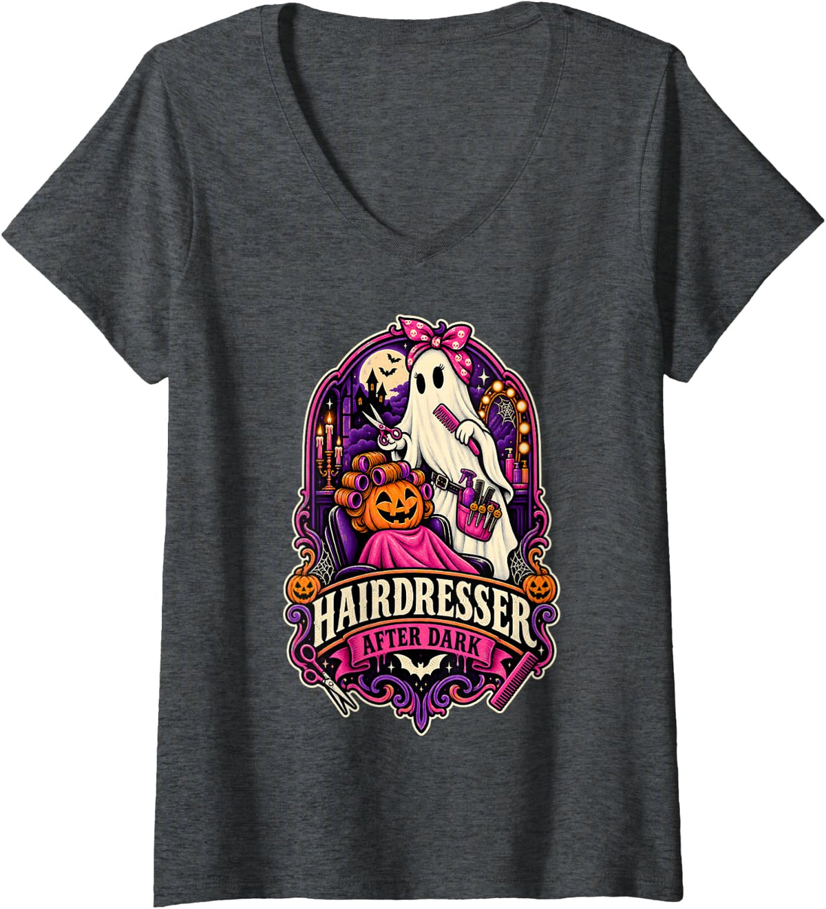 Women's Hairdresser After Dark Spooky Halloween Salon Ghost V-Neck T-Shirt - Dark Heather Grey