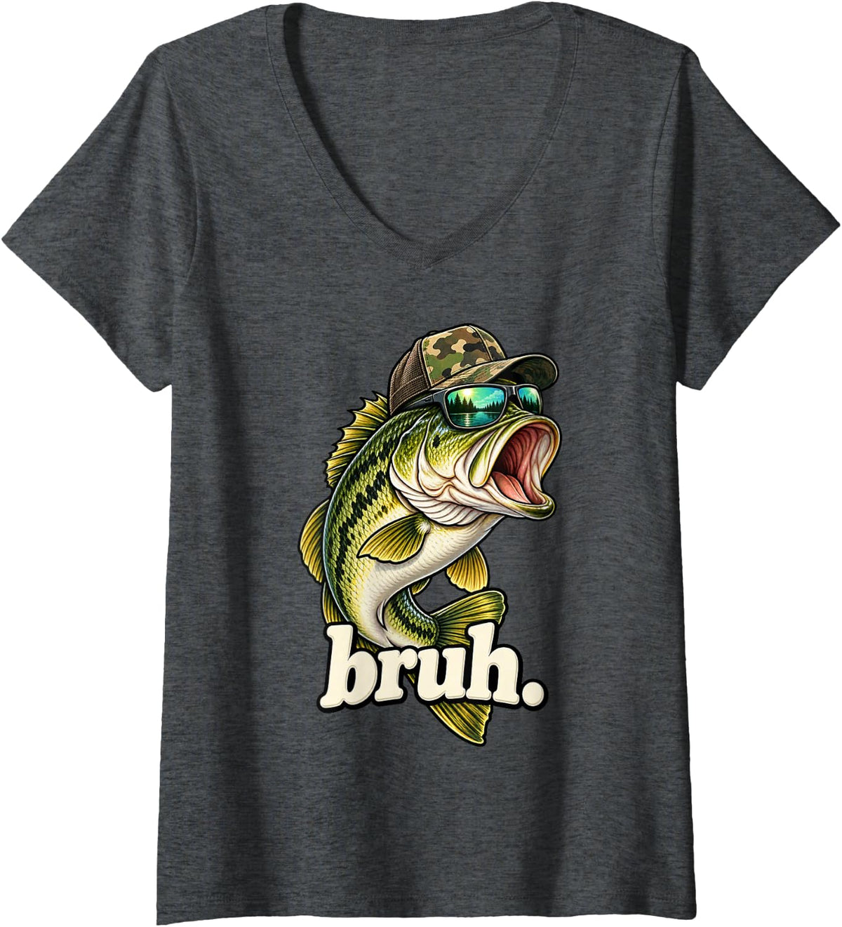 Women's Bruh Funny Bass Fishing Camouflage Boys Kid Youth Camo Humor V-Neck T-Shirt - Dark Heather Grey