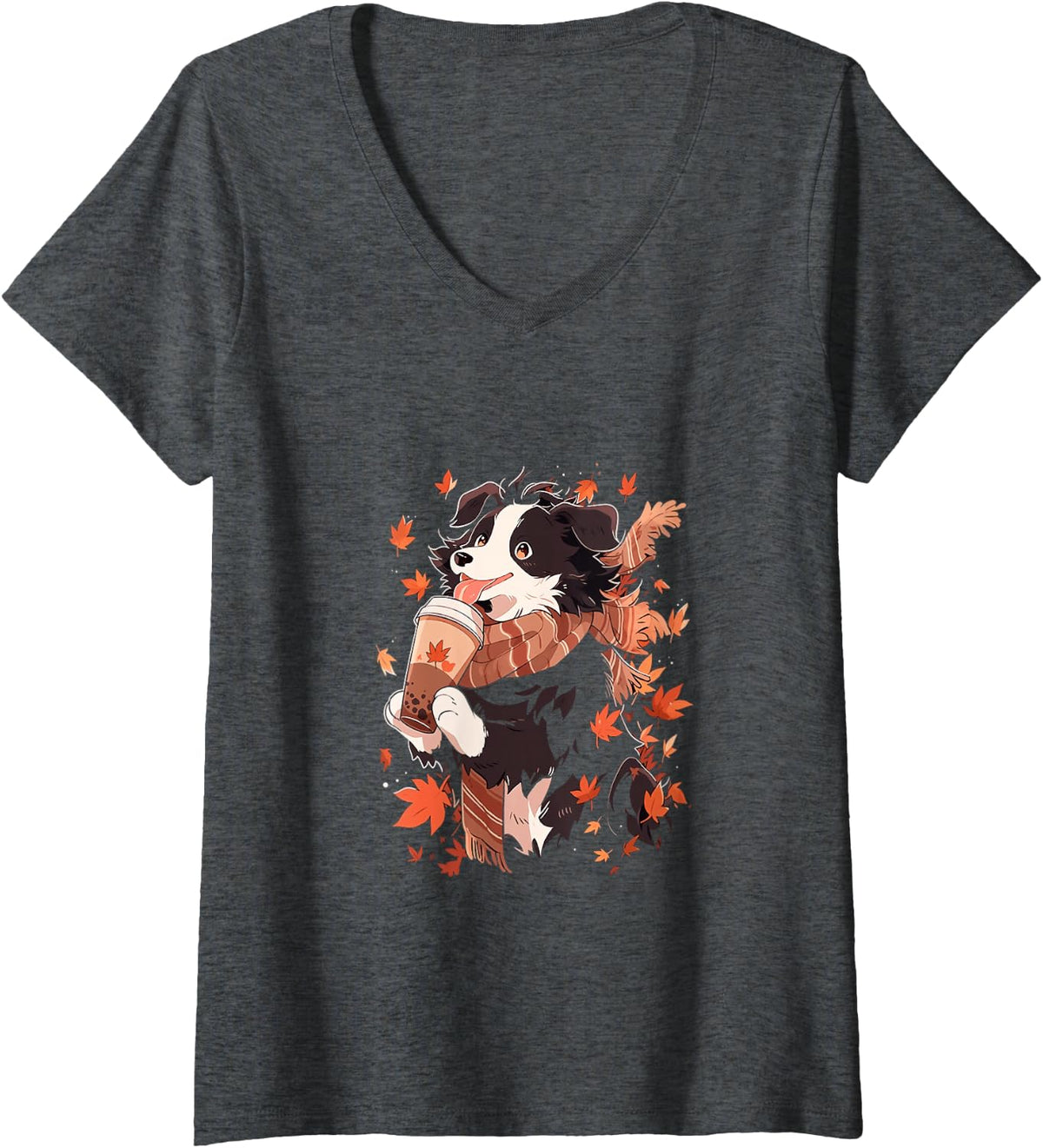 Women's Border Collie Autumn Leaves Pumpkin Spice Latte Kawaii V-Neck T-Shirt - Dark Heather Grey