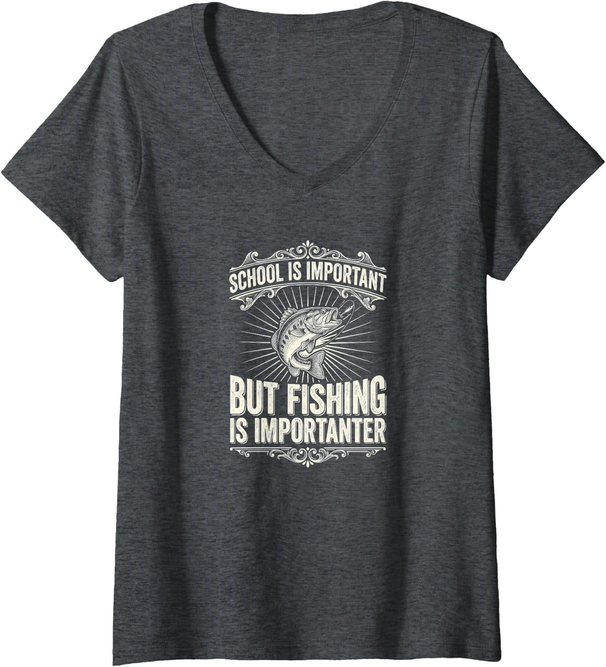 Women's Born Fishing School Largemouth Bass Young Angler Humor V-Neck T-Shirt - Dark Heather Grey