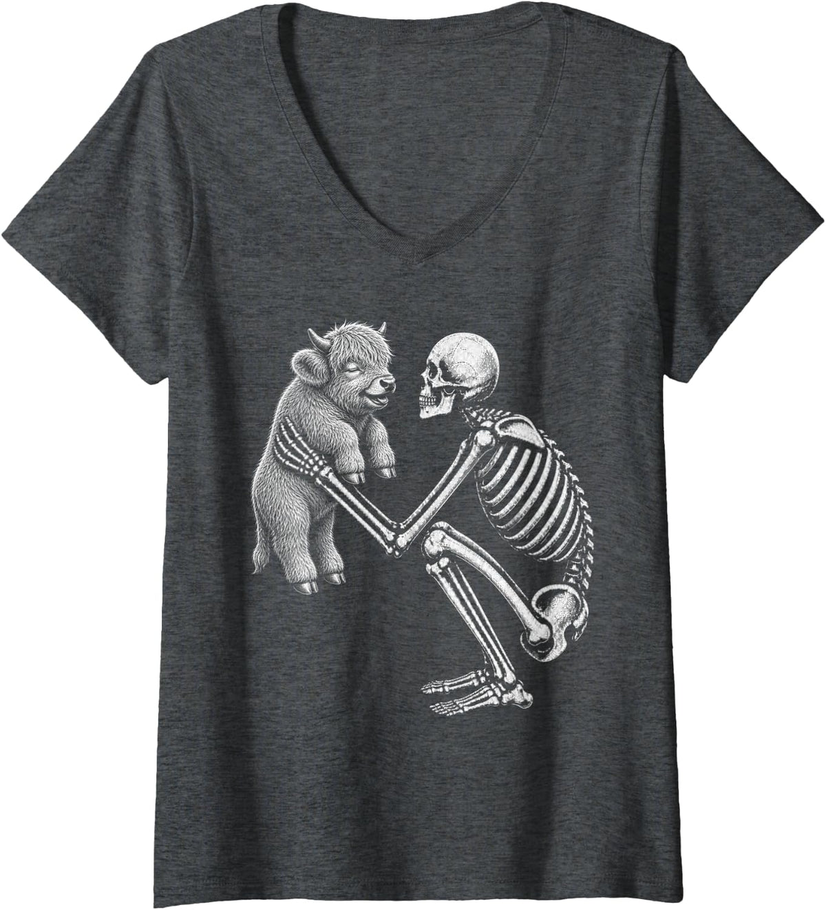 Women's Skeleton Holding Scottish Highland Cow Retro Halloween V-Neck T-Shirt - Dark Heather Grey