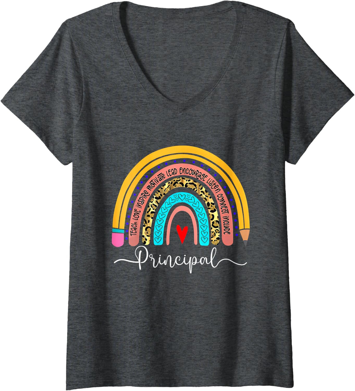 Womens Principal Boho Rainbow Leopard Back To School Principal V-Neck T-Shirt - Dark Heather Grey