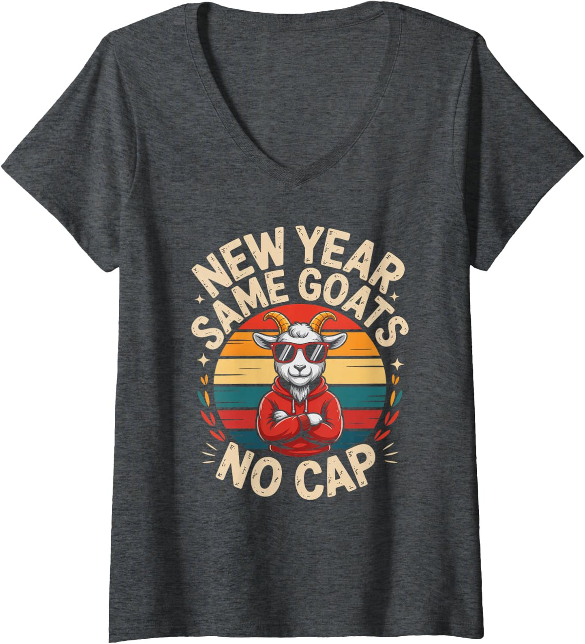 Women's Cute NEW Year Same Goats NO Cap Rizz Goated Teacher Happy V-Neck T-Shirt - Dark Heather Grey