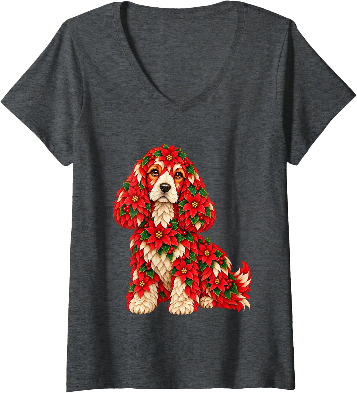 Women's Floral Christmas Cocker Spaniel with Poinsettia Flowers Xmas V-Neck T-Shirt - Dark Heather Grey