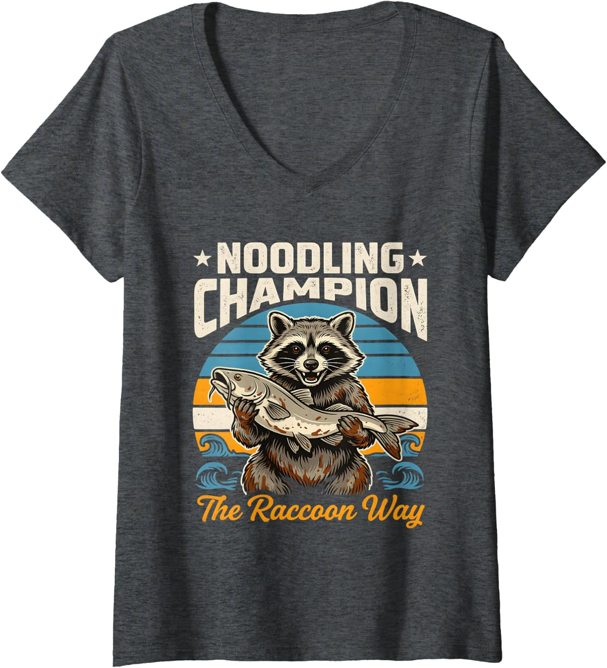 Women's Noodling Champion The Raccoon Way Fishing V-Neck T-Shirt - Dark Heather Grey
