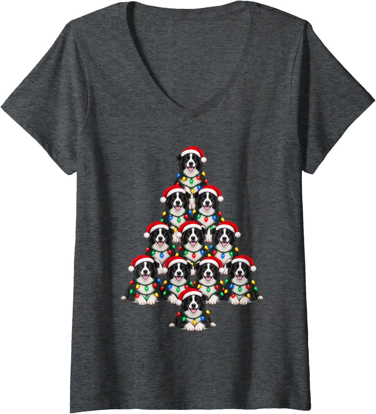 Women's Border Collie Christmas Tree Santa Hat Pet Dogs Lover Xmas V-Neck T-Shirt - Dark Heather Grey