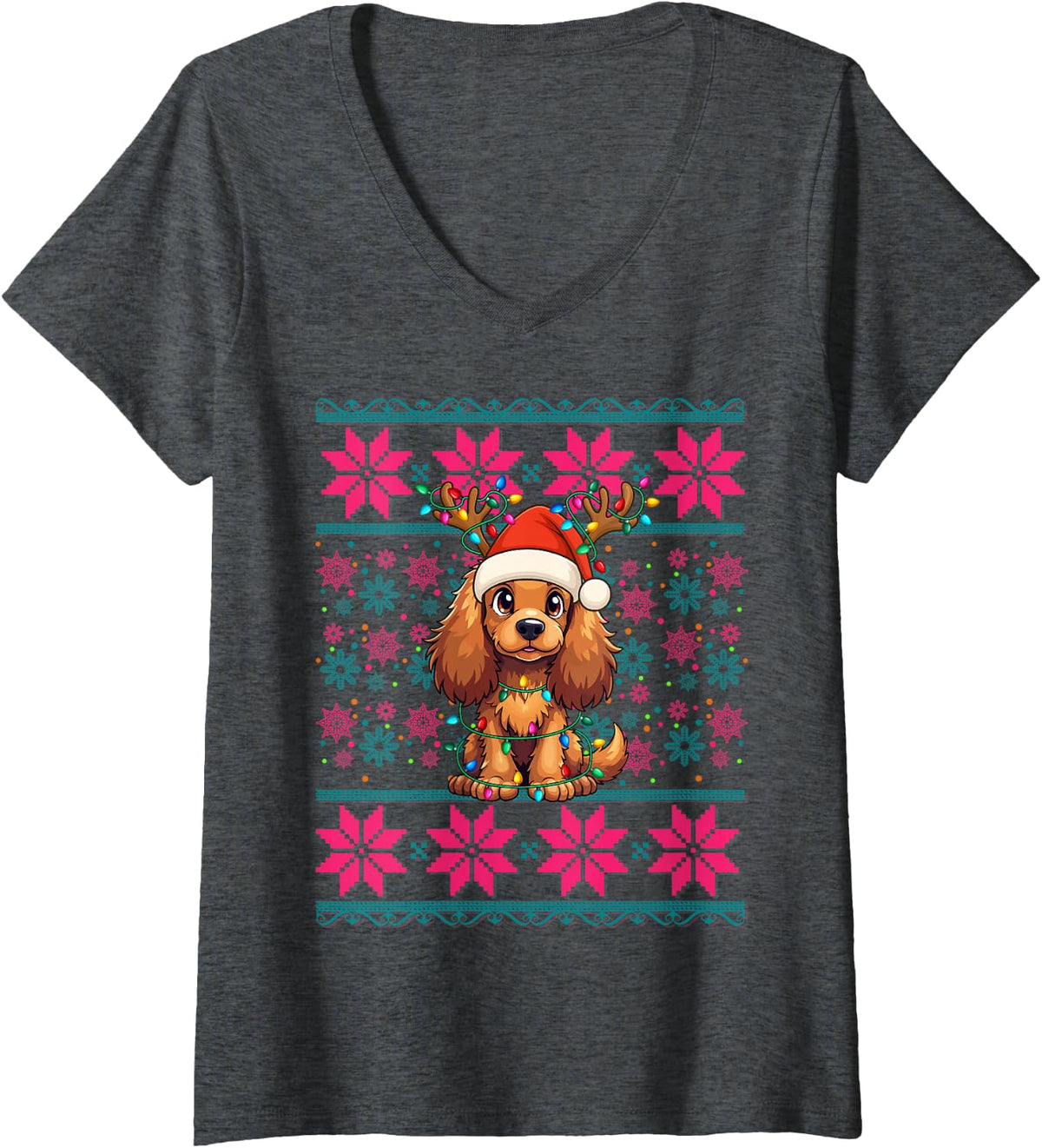 Women's Reindeer Santa Hat Ugly Christmas Cocker Spaniel Dog Girls V-Neck T-Shirt - Dark Heather Grey