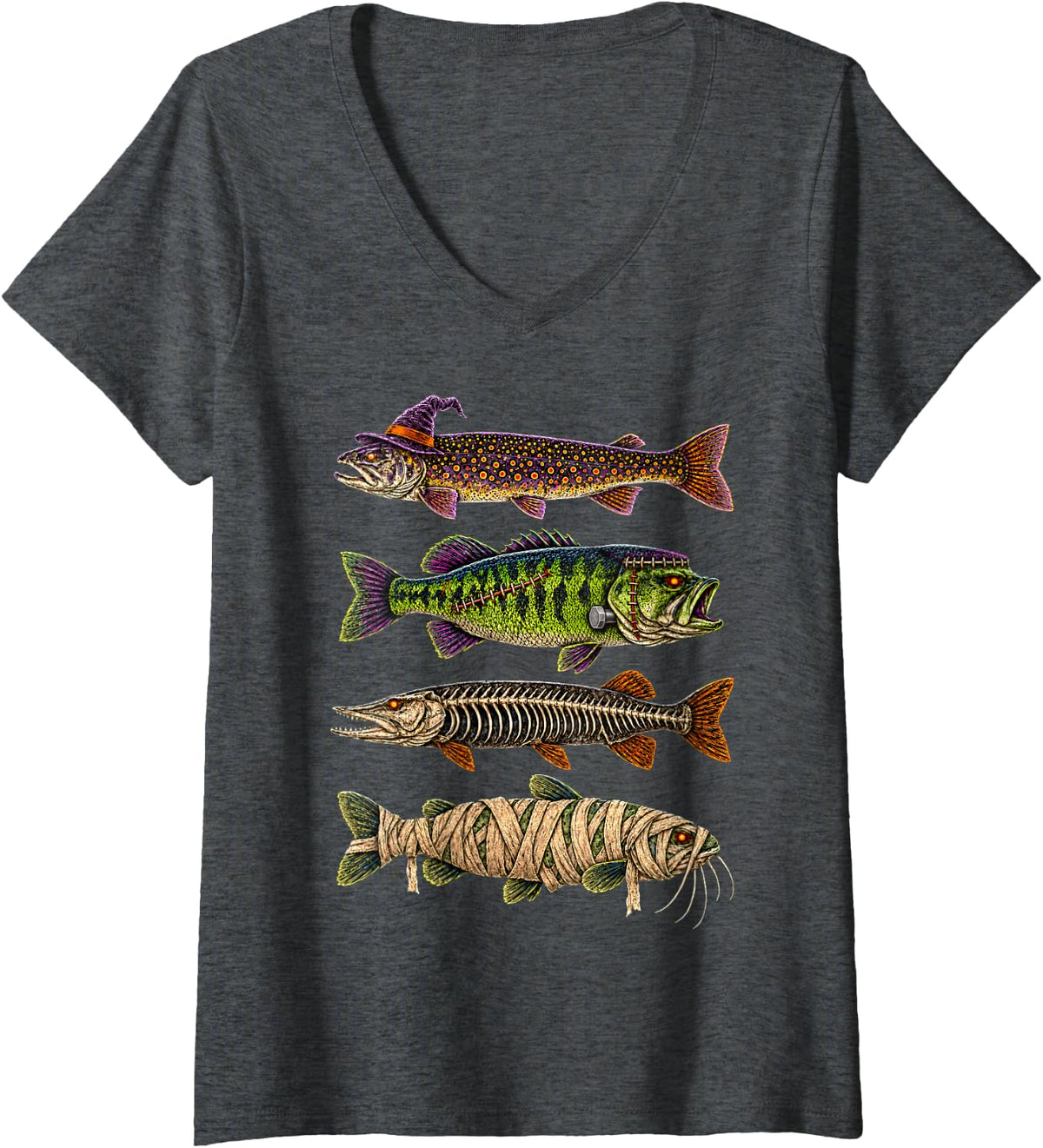 Women's Halloween Fishing Trout Fish Witch Skeleton Mummy Fisherman V-Neck T-Shirt - Dark Heather Grey