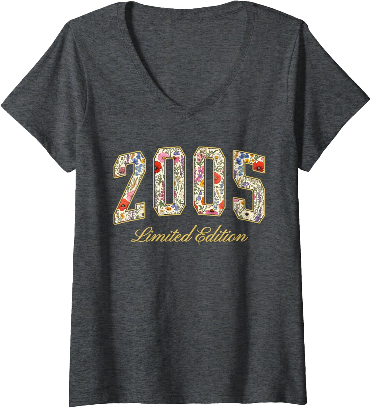 Women's 2005 Limited Edition 21st Birthday Women 21 Year Old Floral V-Neck T-Shirt - Dark Heather Grey