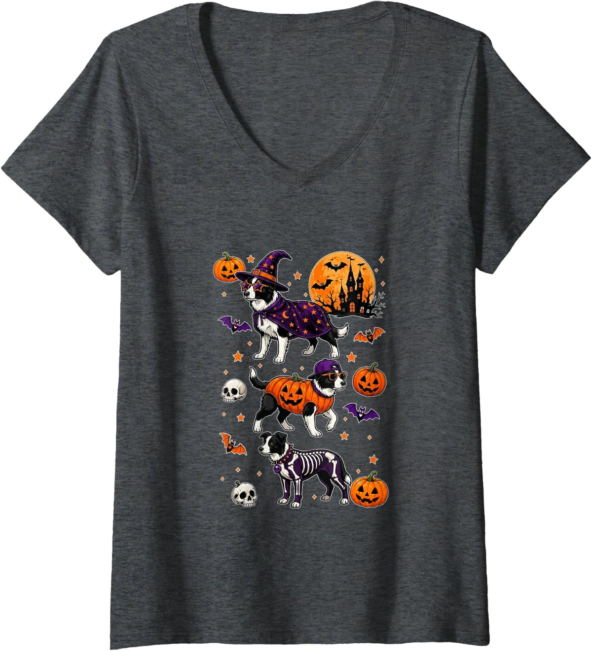 Women's Three Cute Border Collies Cosplay Witch Skeleton Halloween V-Neck T-Shirt - Dark Heather Grey