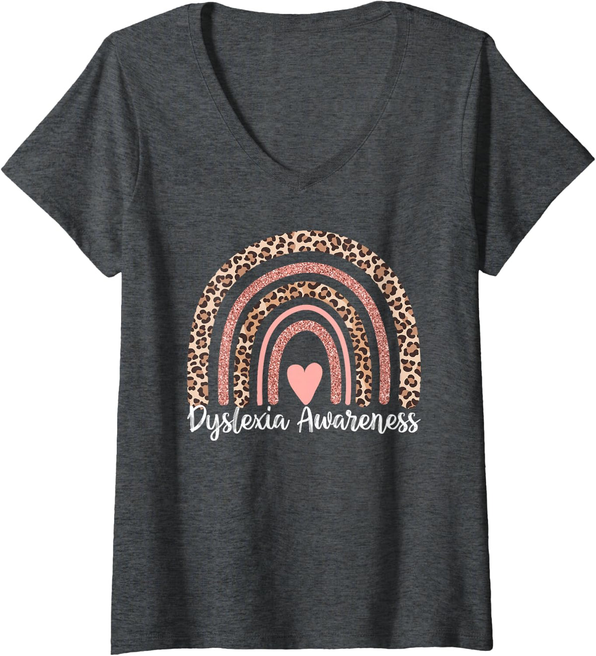 Women's Leopard Rainbow Dyslexia Awareness V-Neck T-Shirt - Dark Heather Grey