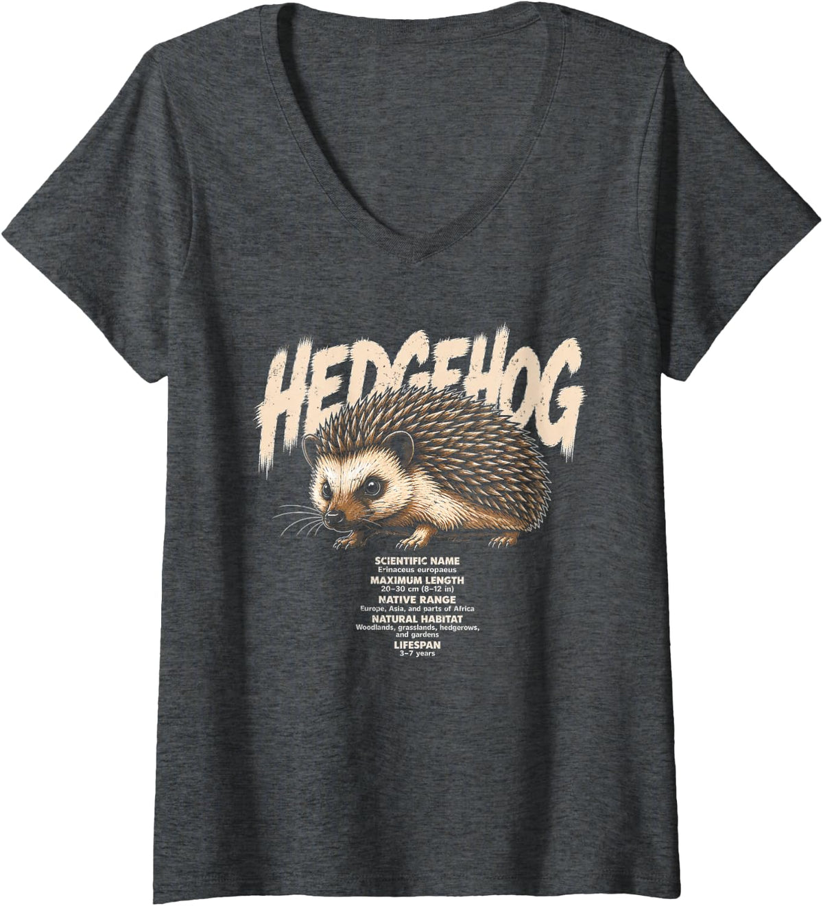 Women's Hedgehog Facts Wildlife Biology Graphic V-Neck T-Shirt - Dark Heather Grey