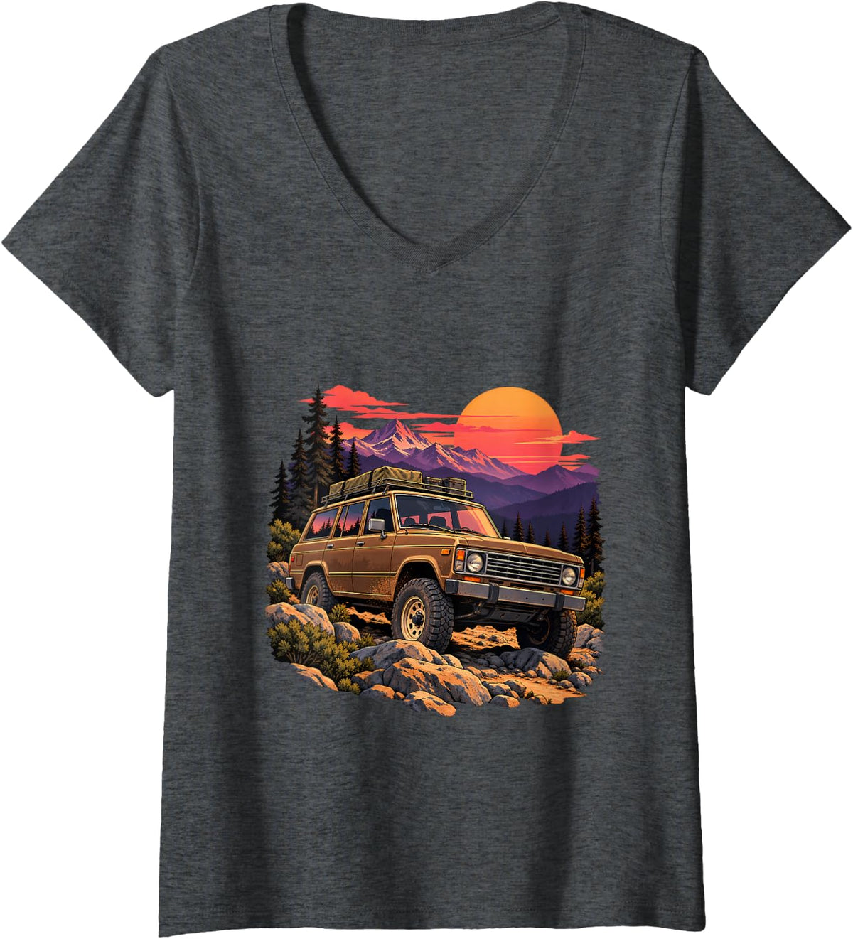 Women's Retro Sunset Overlanding 4x4 Off Road Mountain Expedition V-Neck T-Shirt - Dark Heather Grey