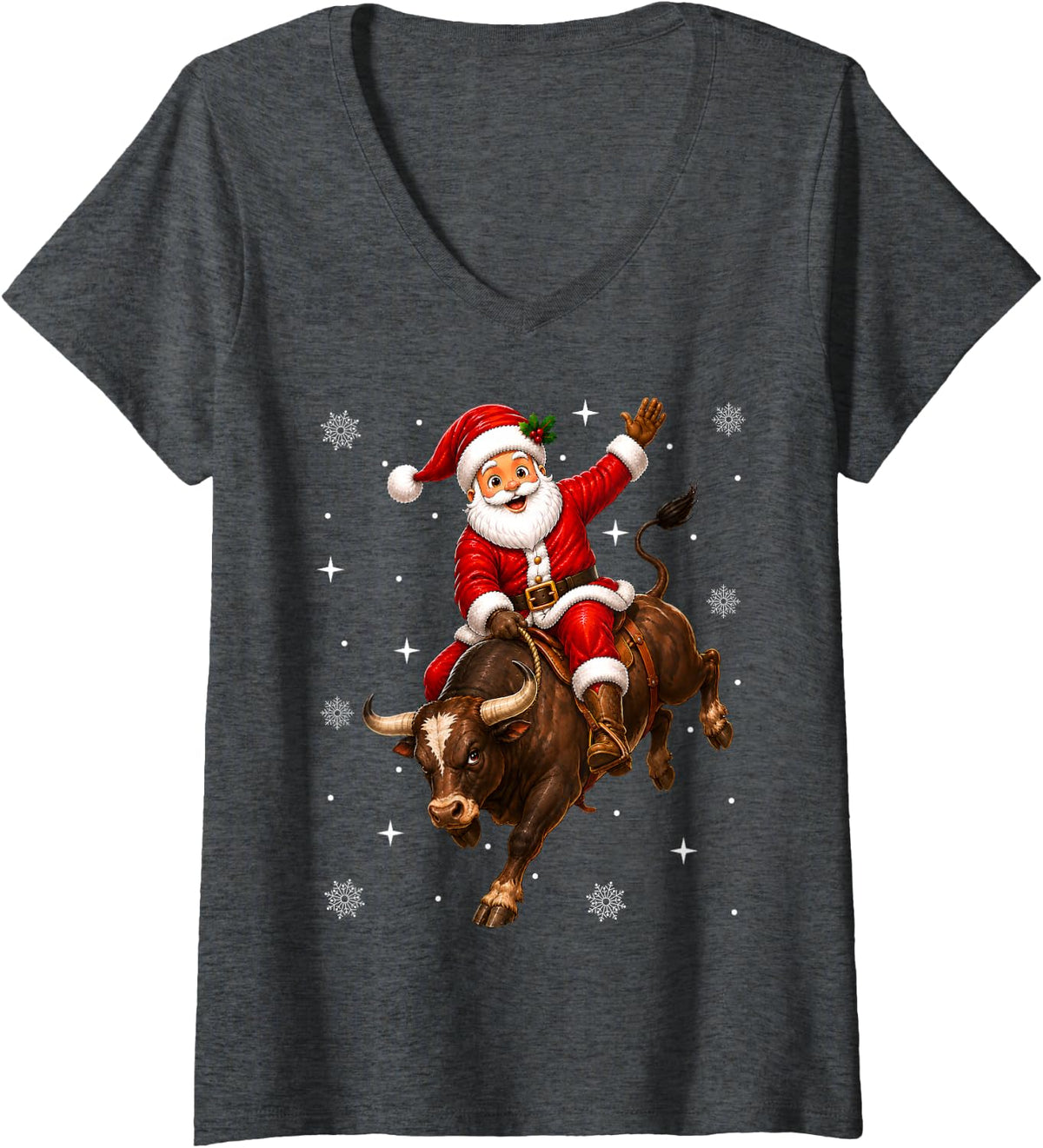 Women's Rodeo Santa Bull Riding Christmas V-Neck T-Shirt - Dark Heather Grey
