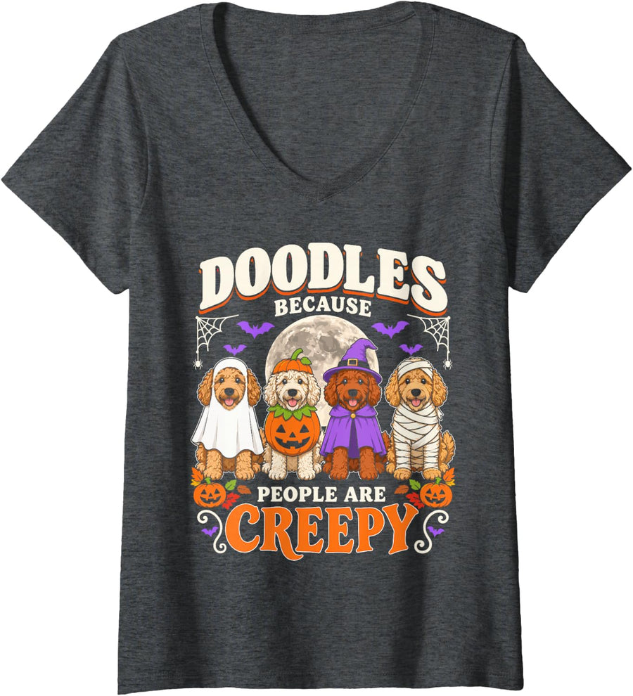Women's Doodles Because People are Creepy Halloween Goldendoodle V-Neck T-Shirt - Dark Heather Grey