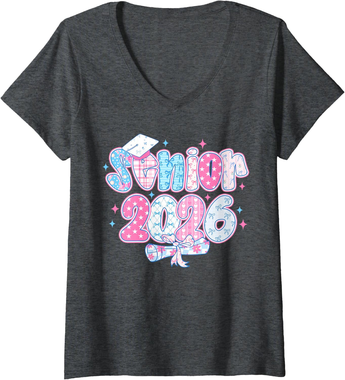 Women's Senior Crown Class of 2026 Cute Coquette Bow Teacher Student V-Neck T-Shirt - Dark Heather Grey
