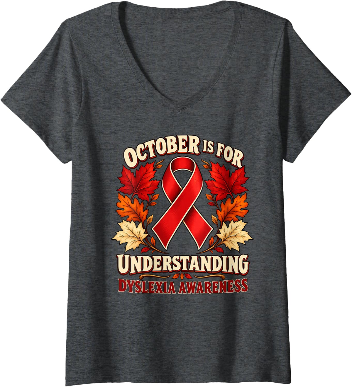 Women's October is for Understanding Dyslexia Awareness Ribbon V-Neck T-Shirt - Dark Heather Grey