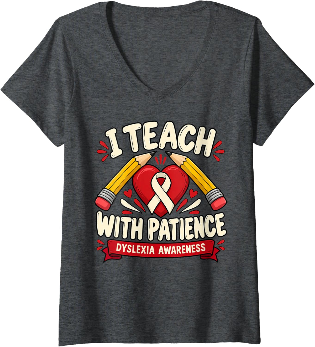 Women's I Teach with Patience Dyslexia Awareness V-Neck T-Shirt - Dark Heather Grey