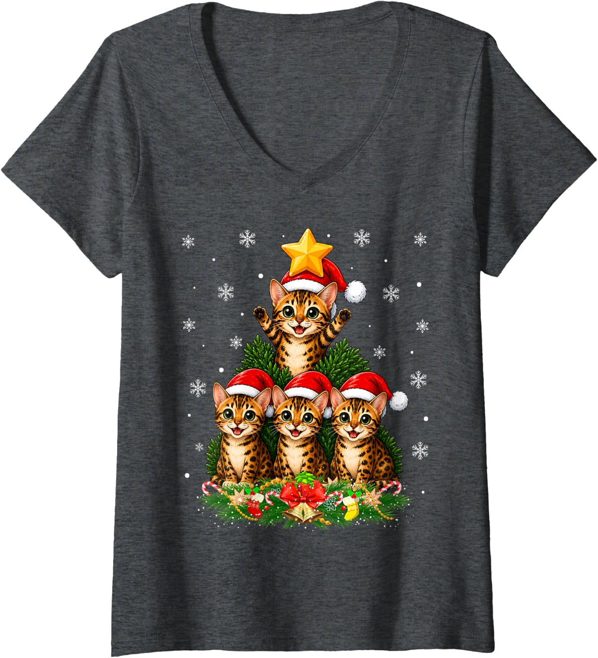 Women's Bengal Cat Christmas Tree Cute Animal Festive Cheer Xmas V-Neck T-Shirt - Dark Heather Grey