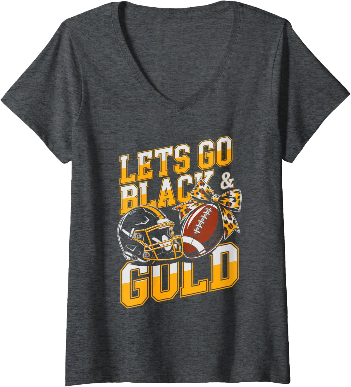 Women's Retro Let's GO Black & Gold High School Field Girl Winning V-Neck T-Shirt - Dark Heather Grey
