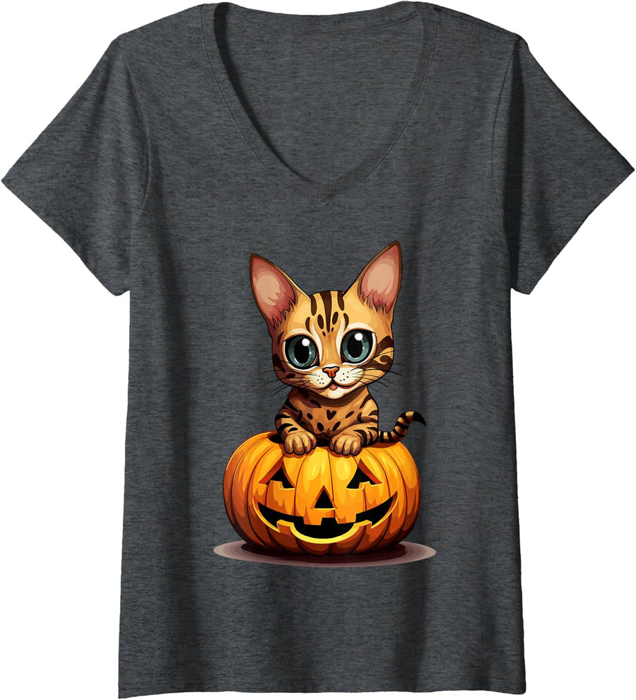 Women's Bengal Cat Pumpkin Cute Halloween V-Neck T-Shirt - Dark Heather Grey
