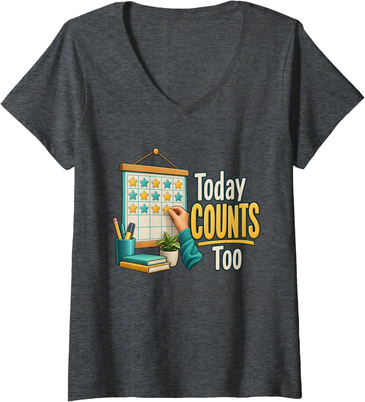 Women's Today Counts Too Back to School Teacher Elementary V-Neck T-Shirt - Dark Heather Grey