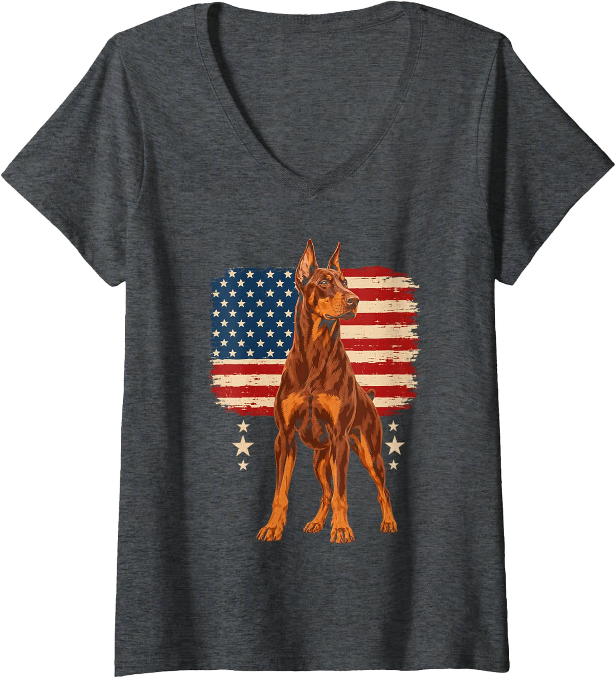 Women's Doberman Pinscher American Flag V-Neck T-Shirt - Dark Heather Grey