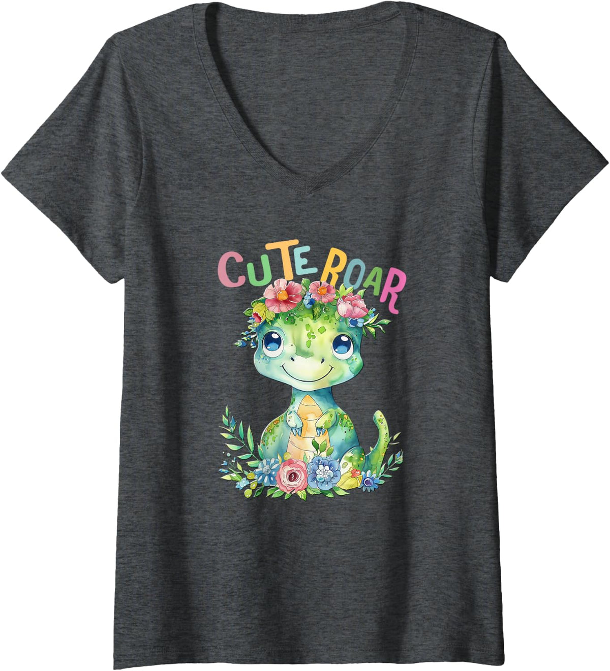 Women's baby dino with flowers cute dinosaurs dinos cute roar V-Neck T-Shirt - Dark Heather Grey
