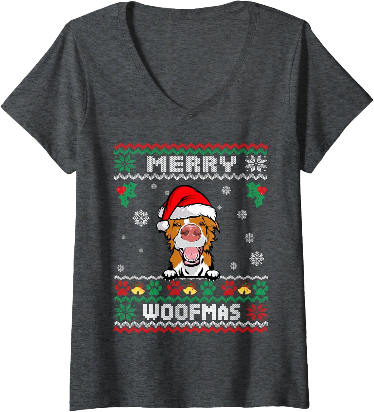 Women's Merry Woofmas Border Collie Dog Ugly Christmas Sweater Xmas V-Neck T-Shirt - Dark Heather Grey