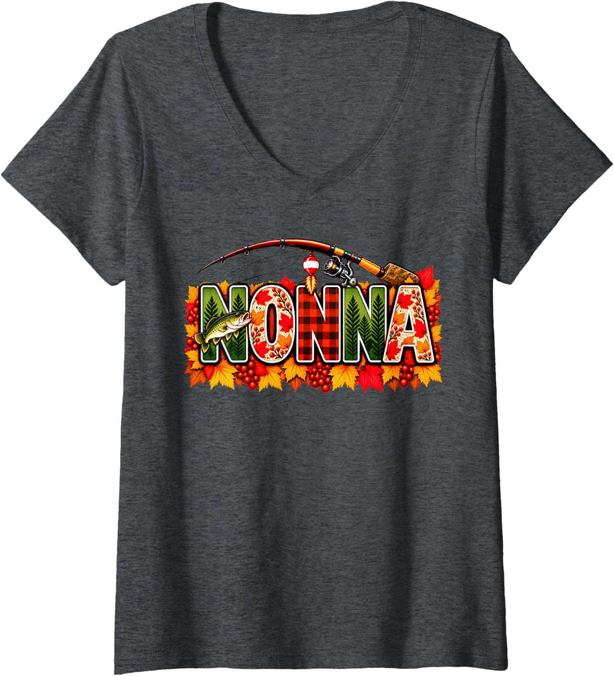 Women's Thanksgiving Fishing Nonna Fall Autumn Bass Birthday Family V-Neck T-Shirt - Dark Heather Grey