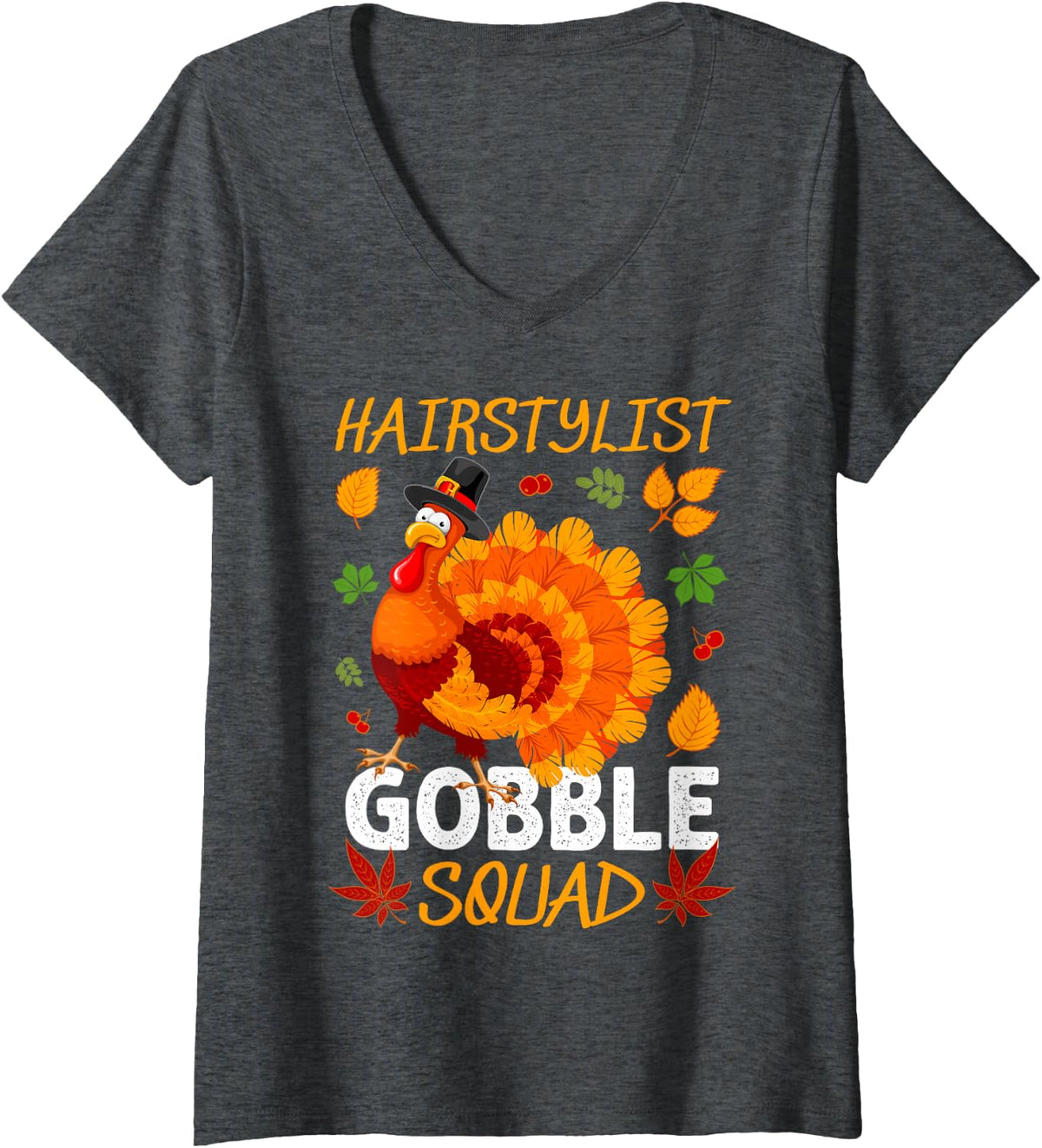 Women's Hairstylist Gobble Squad Thanksgiving Turkey V-Neck T-Shirt - Dark Heather Grey