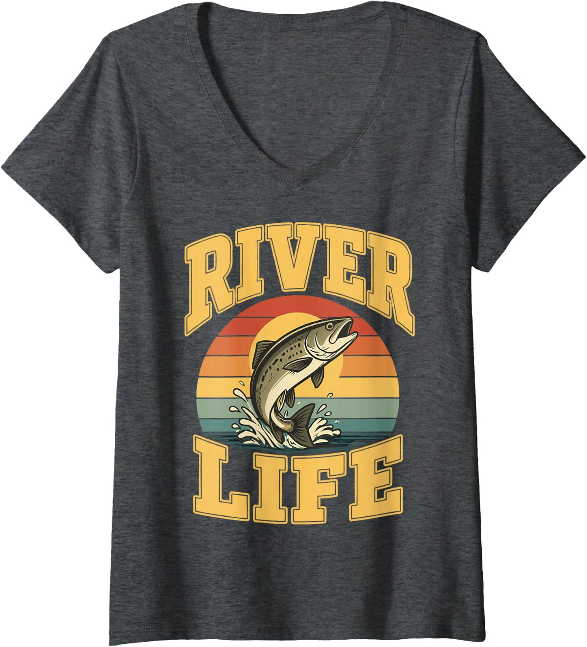 Women's River Fishing Freshwater Angler Vintage Fisherman V-Neck T-Shirt - Dark Heather Grey