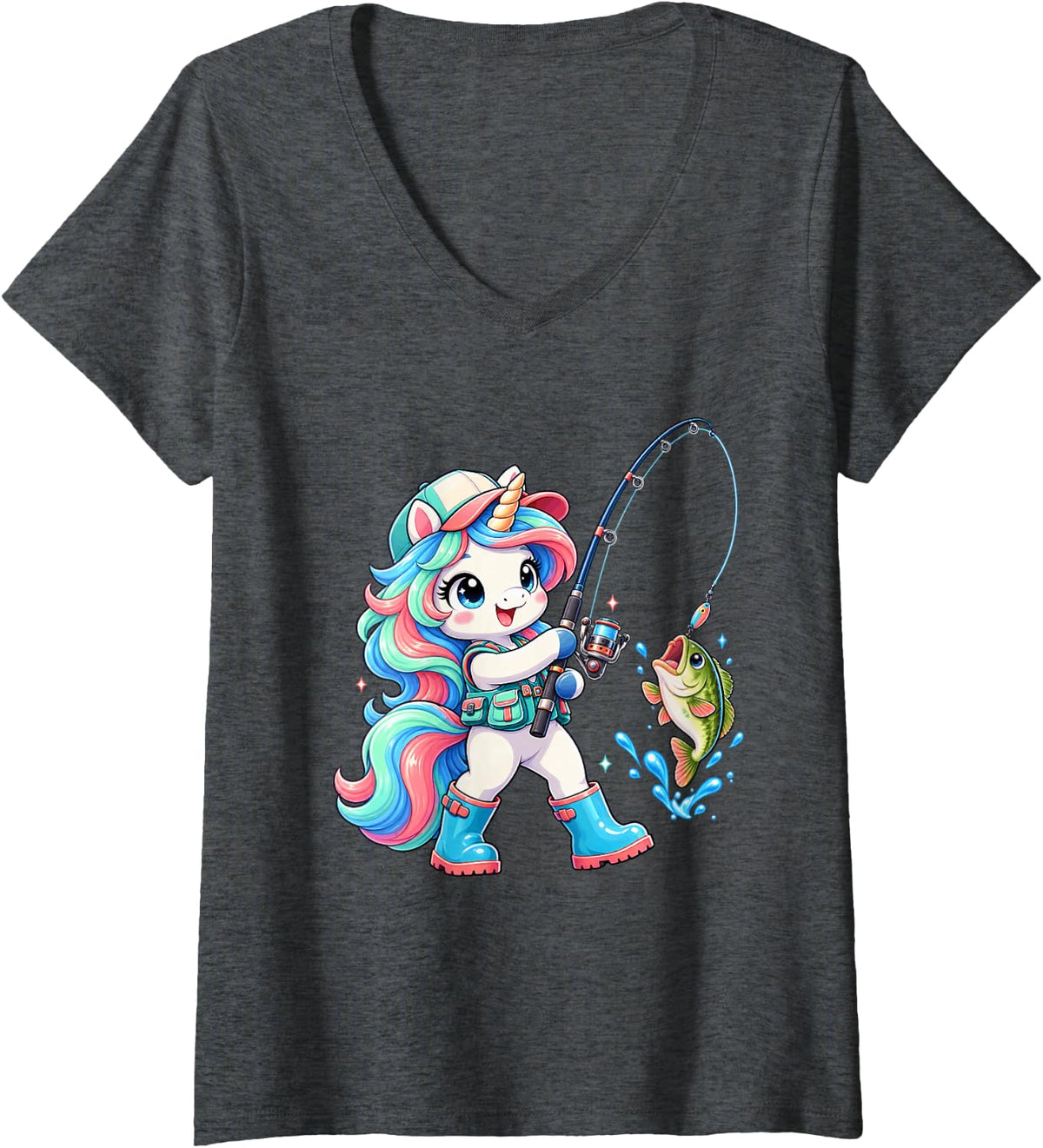 Women's Cute Unicorn Bass Fishing Angler Fisher Girl Women V-Neck T-Shirt - Dark Heather Grey