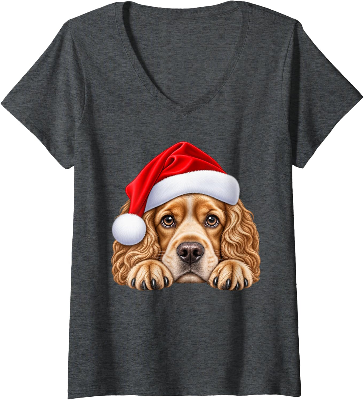 Women's Cocker Spaniel Christmas Santa Hat Cute Xmas Pet Dog Lover V-Neck T-Shirt - Dark Heather Grey
