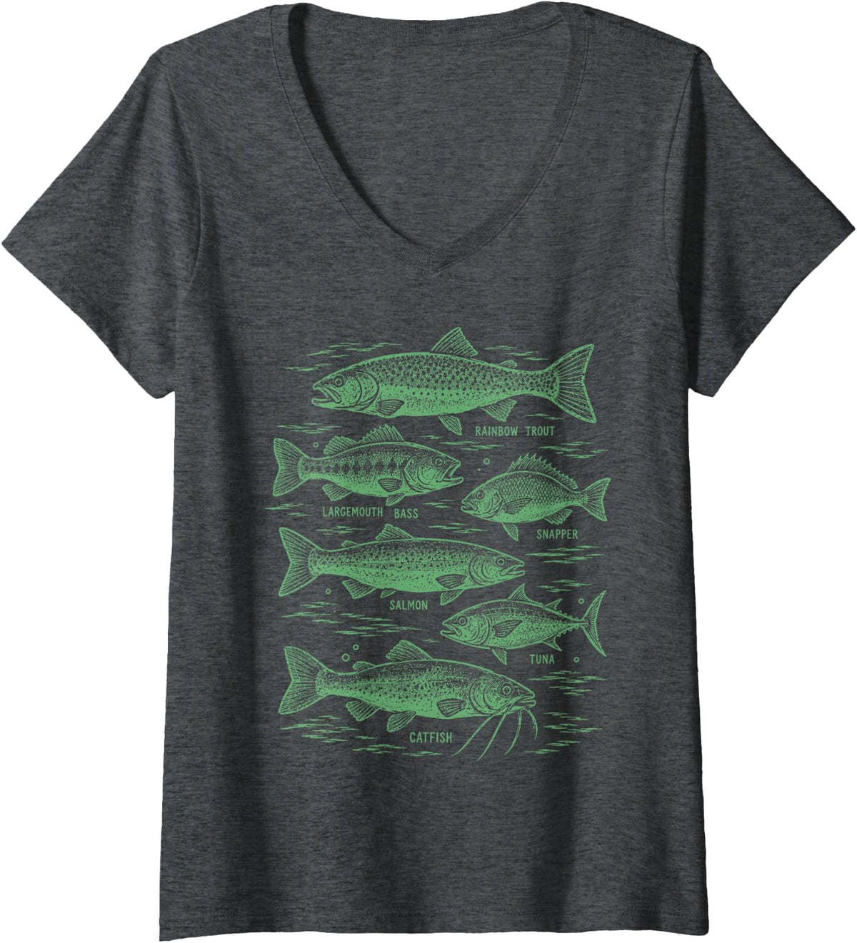 Women's Fish Species Fishing Fisherman Catfish Tuna Salmon Angler V-Neck T-Shirt - Dark Heather Grey