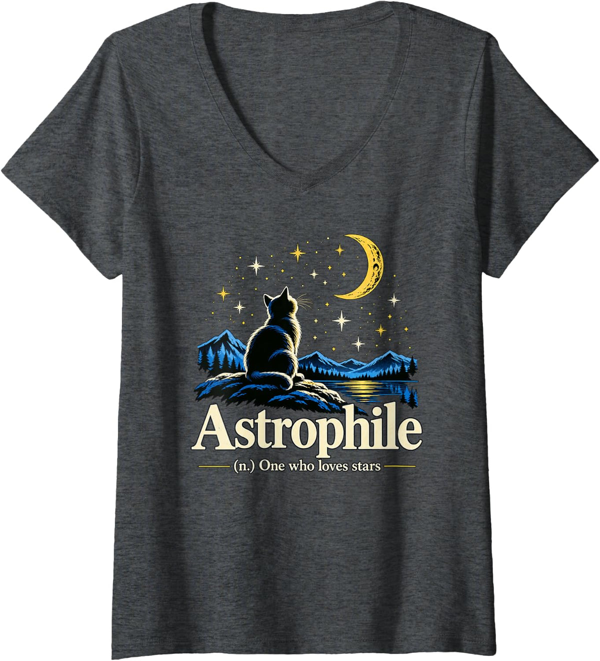 Women's Astrophile Definition One Who Loves Stars Cat Astronomy Fan V-Neck T-Shirt - Dark Heather Grey