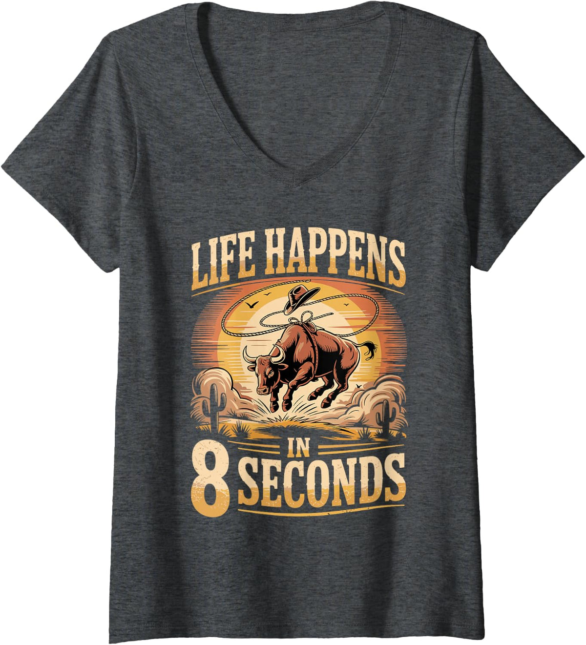 Women's Life Happens in 8 Seconds Bull Riding V-Neck T-Shirt - Dark Heather Grey