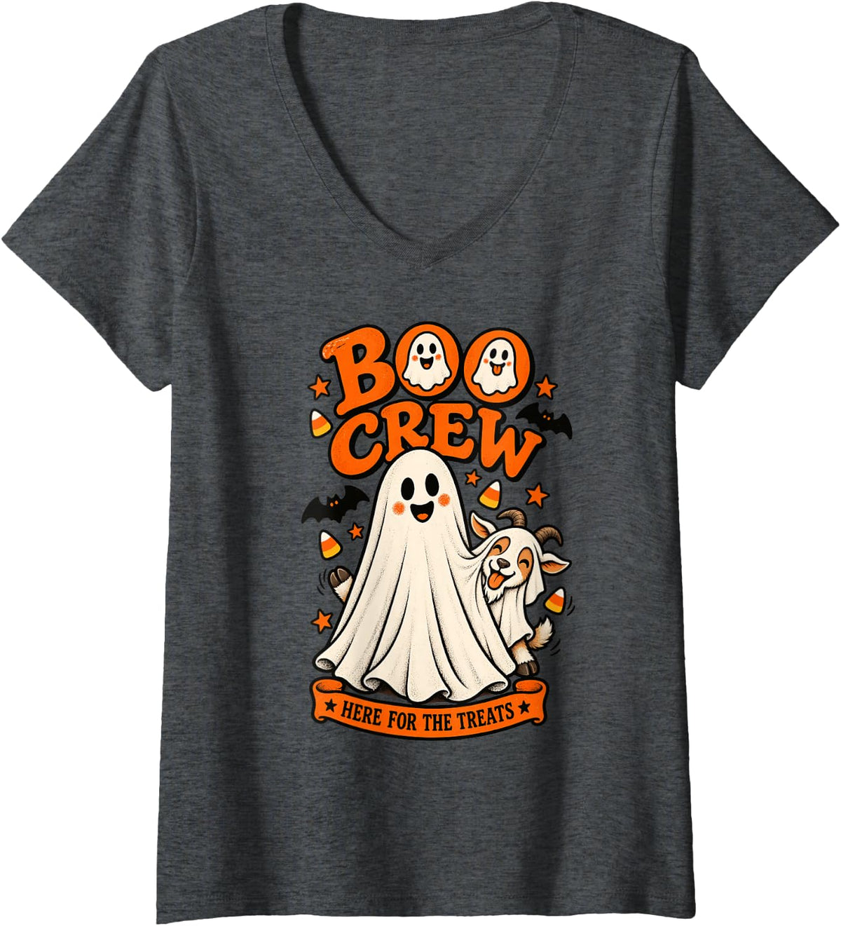 Women's Goat Boo Crew Here for the Treats Halloween Animal Lover V-Neck T-Shirt - Dark Heather Grey
