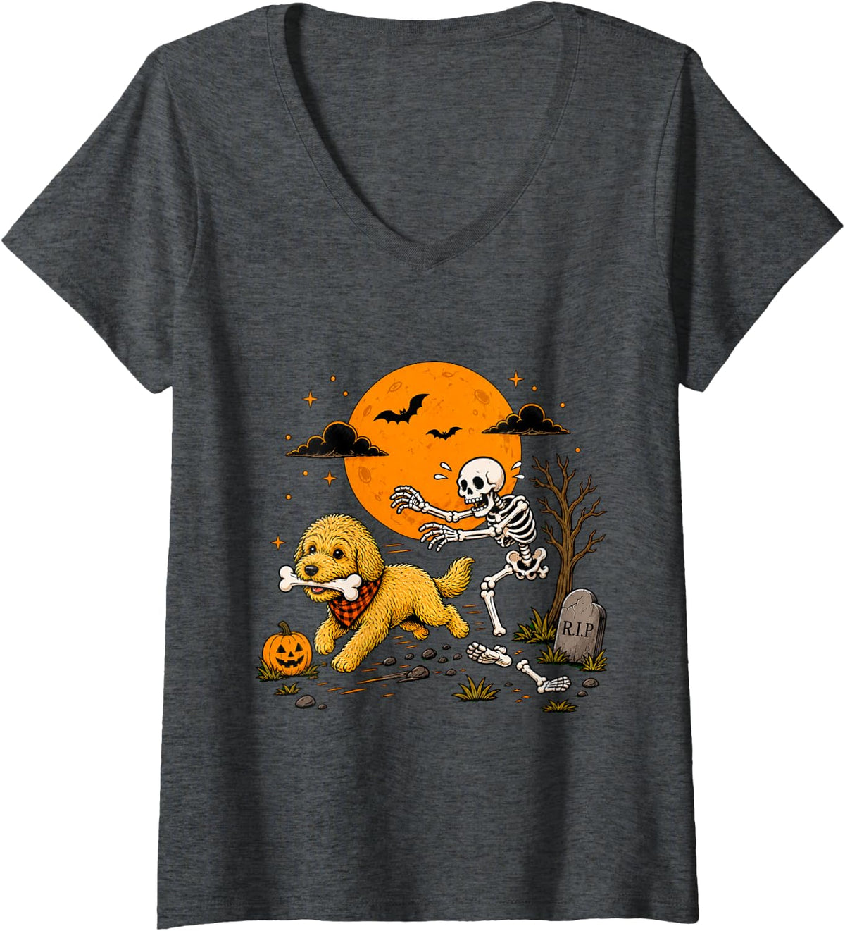 Women's Halloween Dog Skeleton Funny Goldendoodle Men Women V-Neck T-Shirt - Dark Heather Grey
