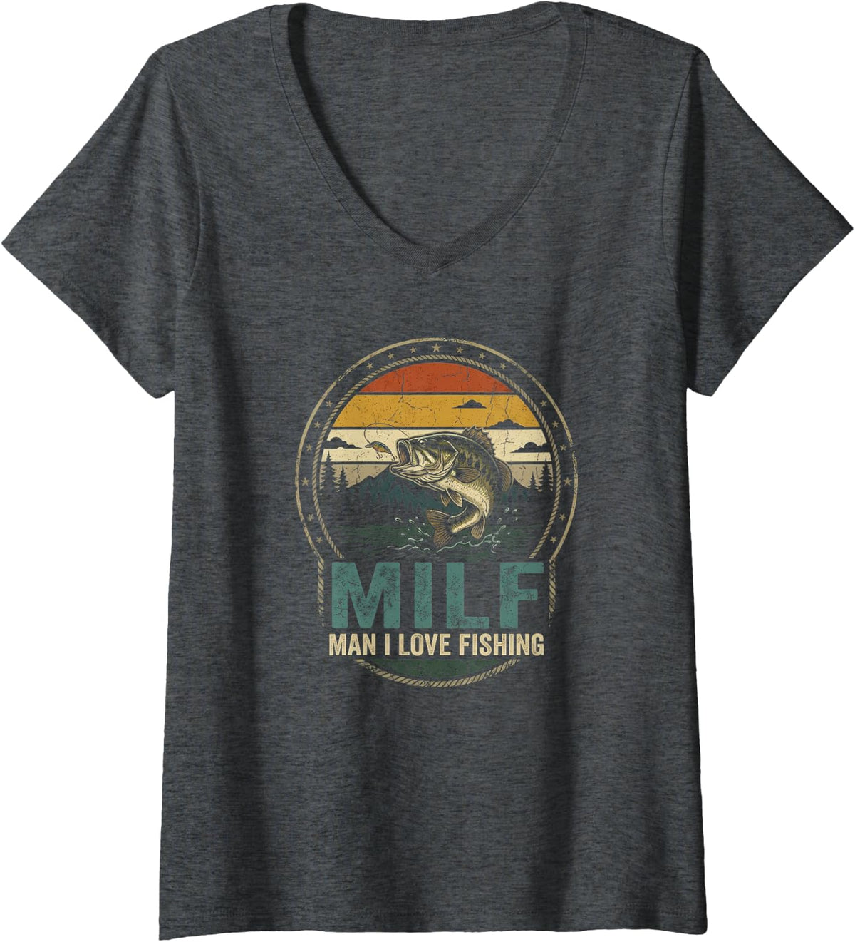 Women's Fishing Girl Angler Challenge Largemouth Bass Lake Humor V-Neck T-Shirt - Dark Heather Grey