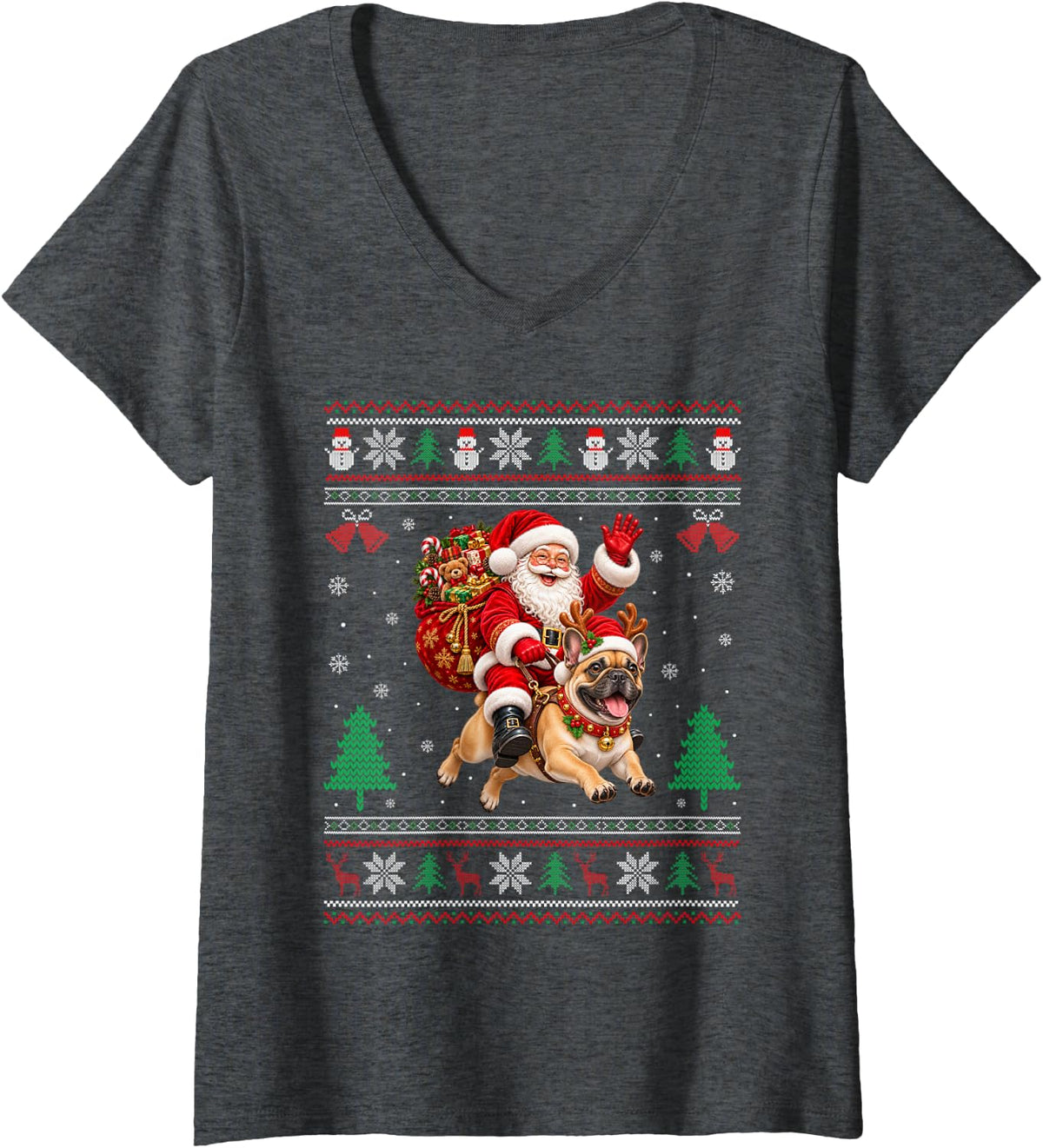 Women's French Bulldog Ugly Christmas Sweater Santa Riding Dog Xmas V-Neck T-Shirt - Dark Heather Grey
