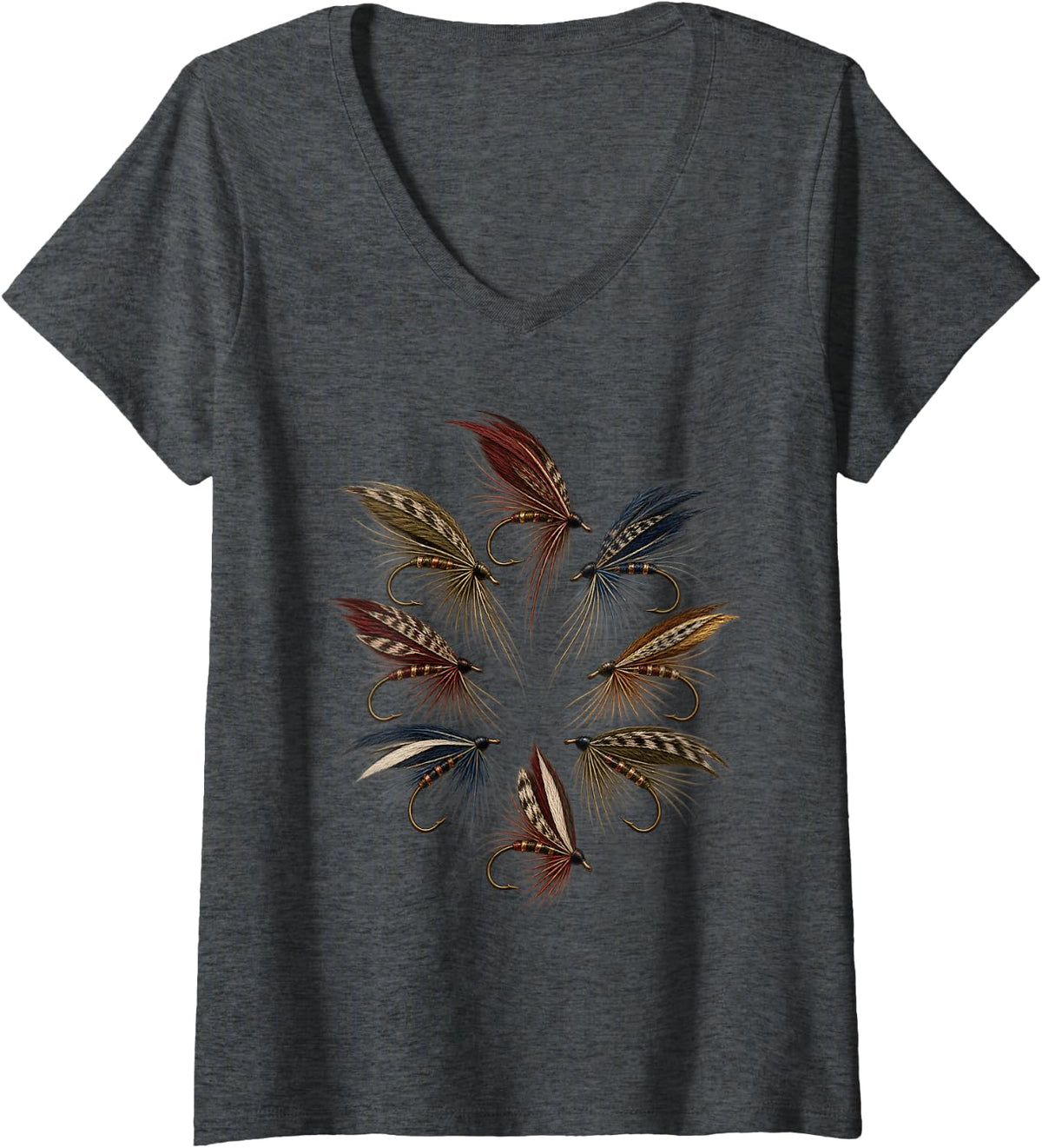 Women's Classic Fly Fishing Lures Fly Tying Trout Angler V-Neck T-Shirt - Dark Heather Grey