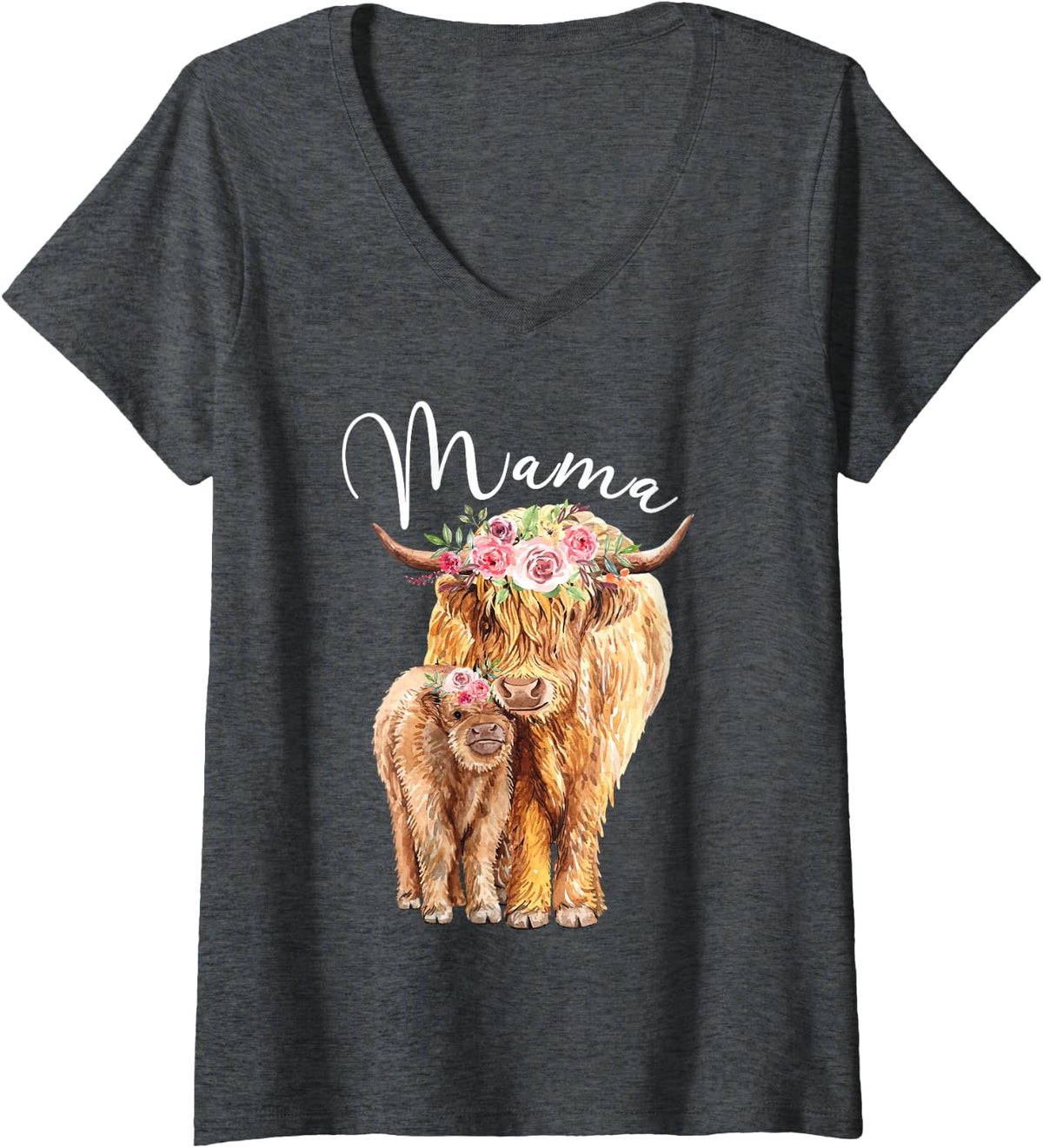 Womens Mama Highland Cow With Baby Calf Floral Mothers Day Mom Gift V-Neck T-Shirt - Dark Heather Grey