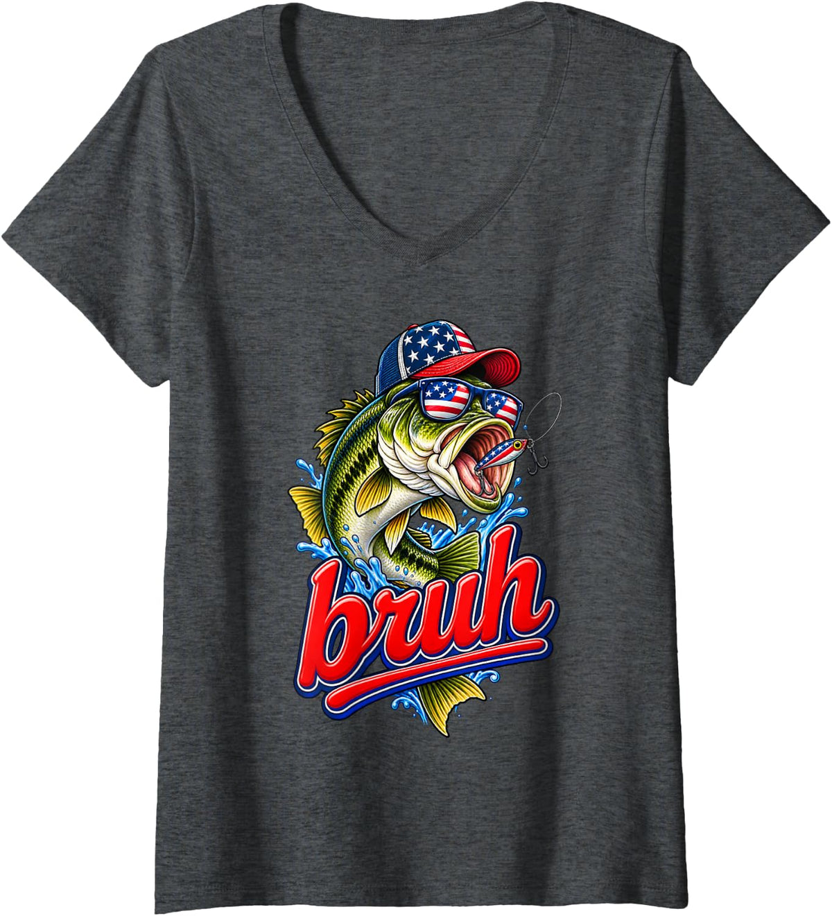 Women's Funny Bruh Bass Fish Fishing Patriotic American USA Flag Men V-Neck T-Shirt - Dark Heather Grey